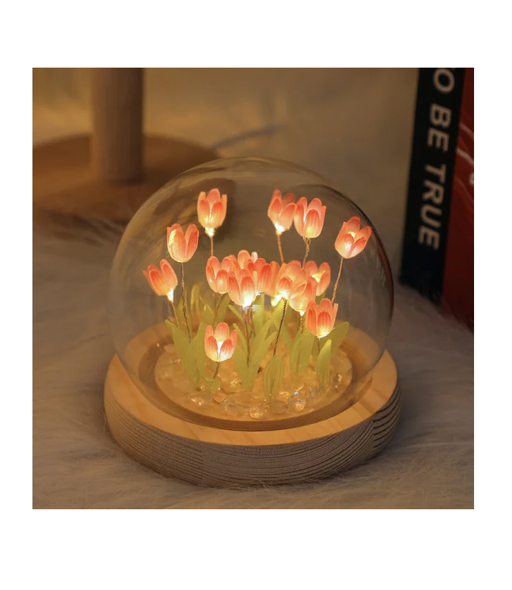 Декоративный светодиодный ночник тюльпаны / Светильник ночник цветы в колбе 10х10 см. Розовый