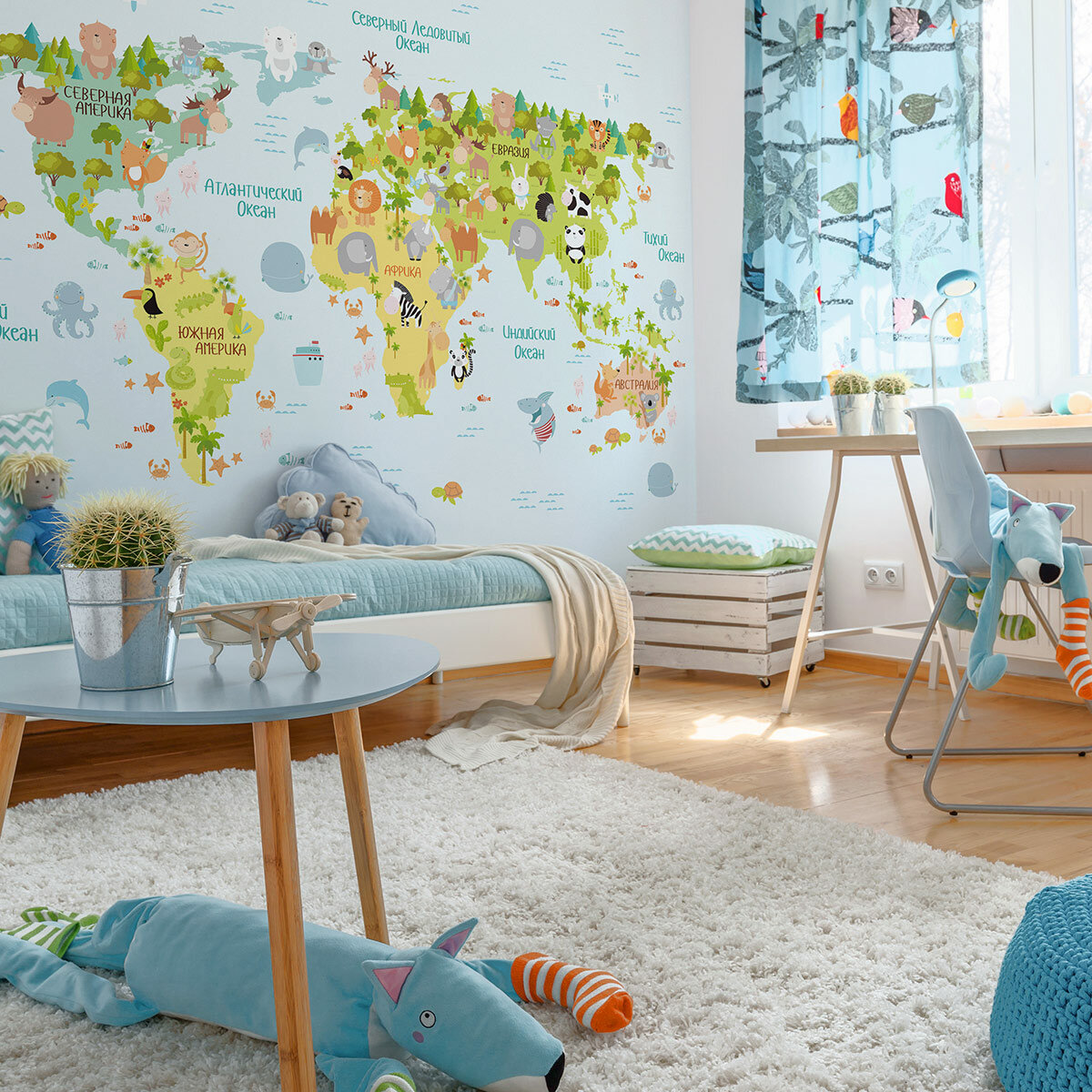 Фотообои для детской "Карта мира с животными голубая", 3,60 х 2,70 м (Flizelini 4070-4F)