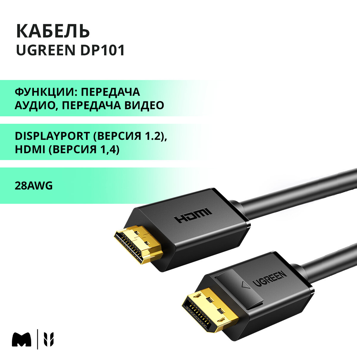 Кабель Display Port на HDMI UGREEN DP101 / 4К 30Гц / 1,5 метра, цвет черный (10239)