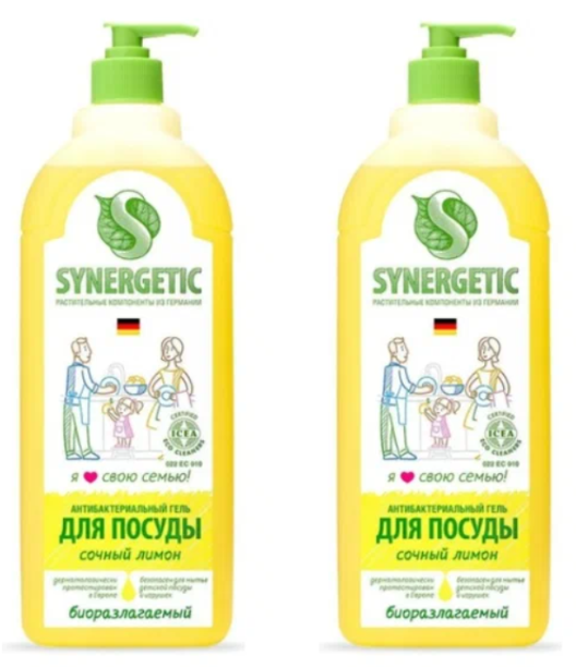 Средство для мытья посуды, детских игрушек Synergetic, с ароматом лимона, 1 л, 2 шт