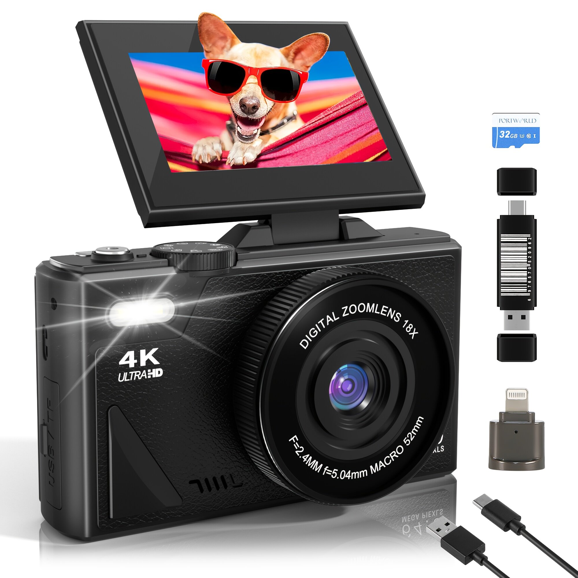 Цифровая камера 64MP 4K HD с 18-кратным зумом, 3-дюймовым поворачивающимся экраном — идеально подходит для влогов и фотографии