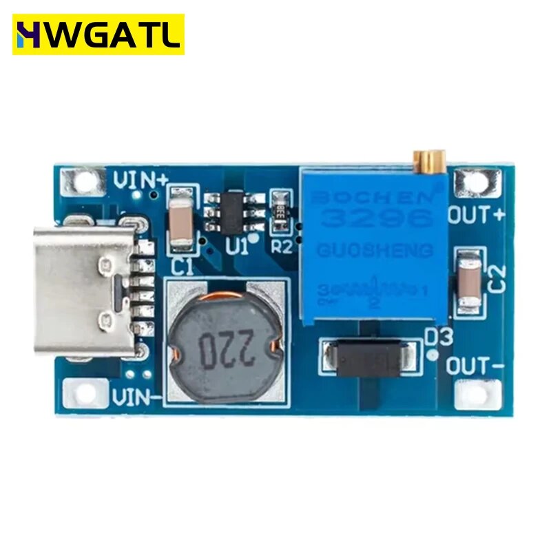 HWGATL MT3608 DC-DC повышающий преобразователь, модуль повышающего источника питания, повышающая плата MAX, выход 28 В, 2 А для Arduino, комплект «сделай сам», MT3608-Type-C USB