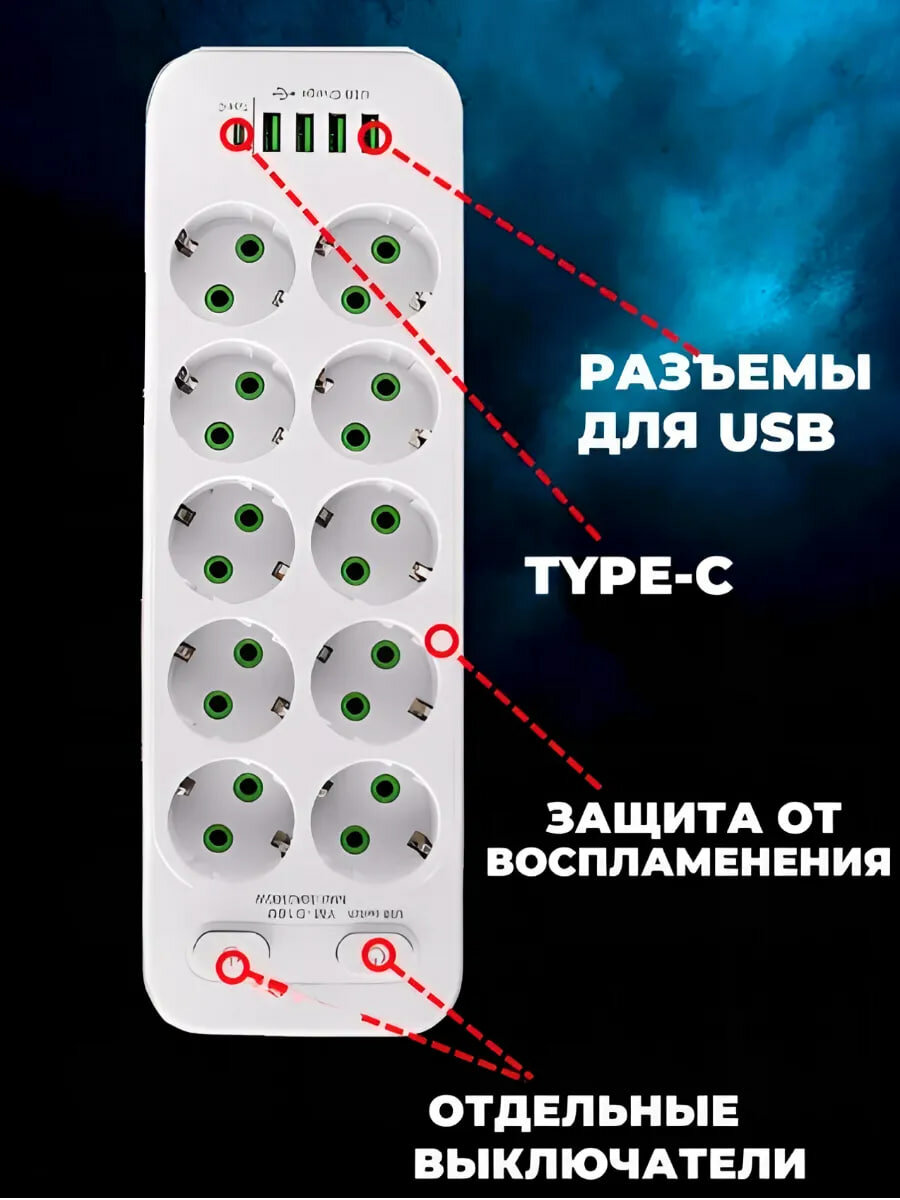 Сетевой фильтр / Удлинитель 10 розеток 4USB 1 Type-C, длина провода 2 метра, белый — фото 1