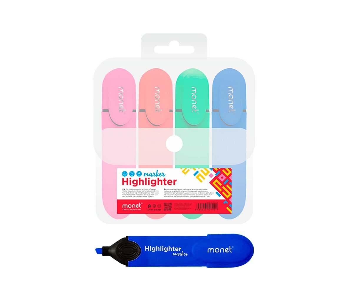 Текстовыделитель MONET Neon, 4шт в наборе 2HL001