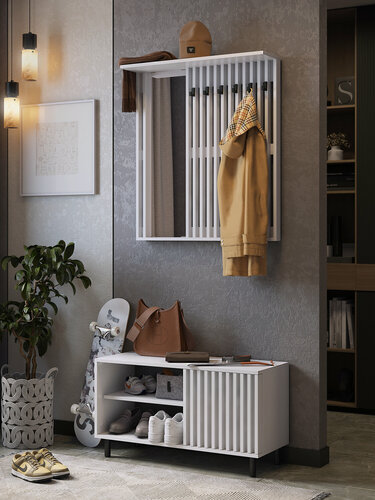 Изображение товара Вешалка настенная белая с зеркалом - настенная вешалка для одежды с рейками зеркалом и полкой белый