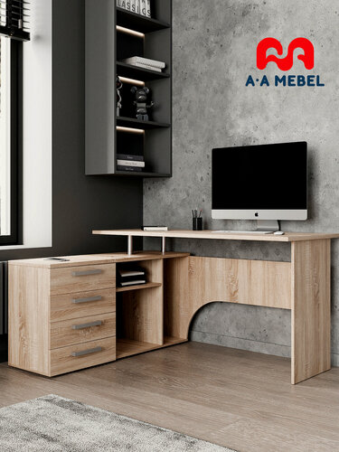 Изображение товара Стол письменный Алькор компьютерный угловой с ящиками и полками 135х58х75 см дуб сонома светлый