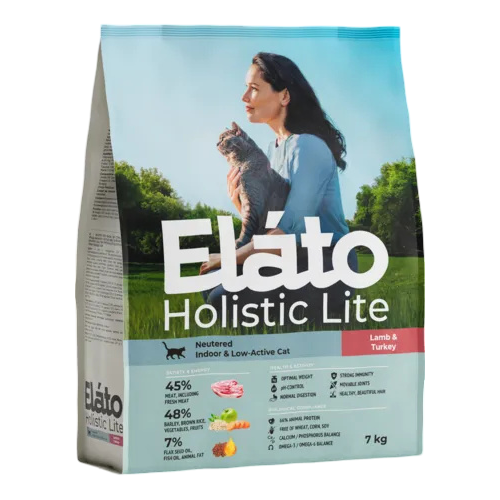 Корм Elato Holistic Lite для домашних малоактивных кастрированных котов и стерилизованных кошек, с ягнёнком и индейкой, 7 кг