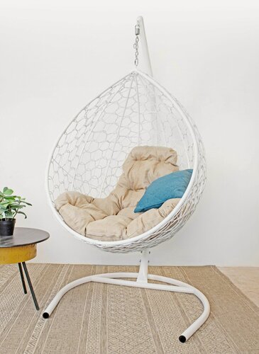 Изображение товара Подвесное кресло капля элит, с ротангом белое, подушка Лен