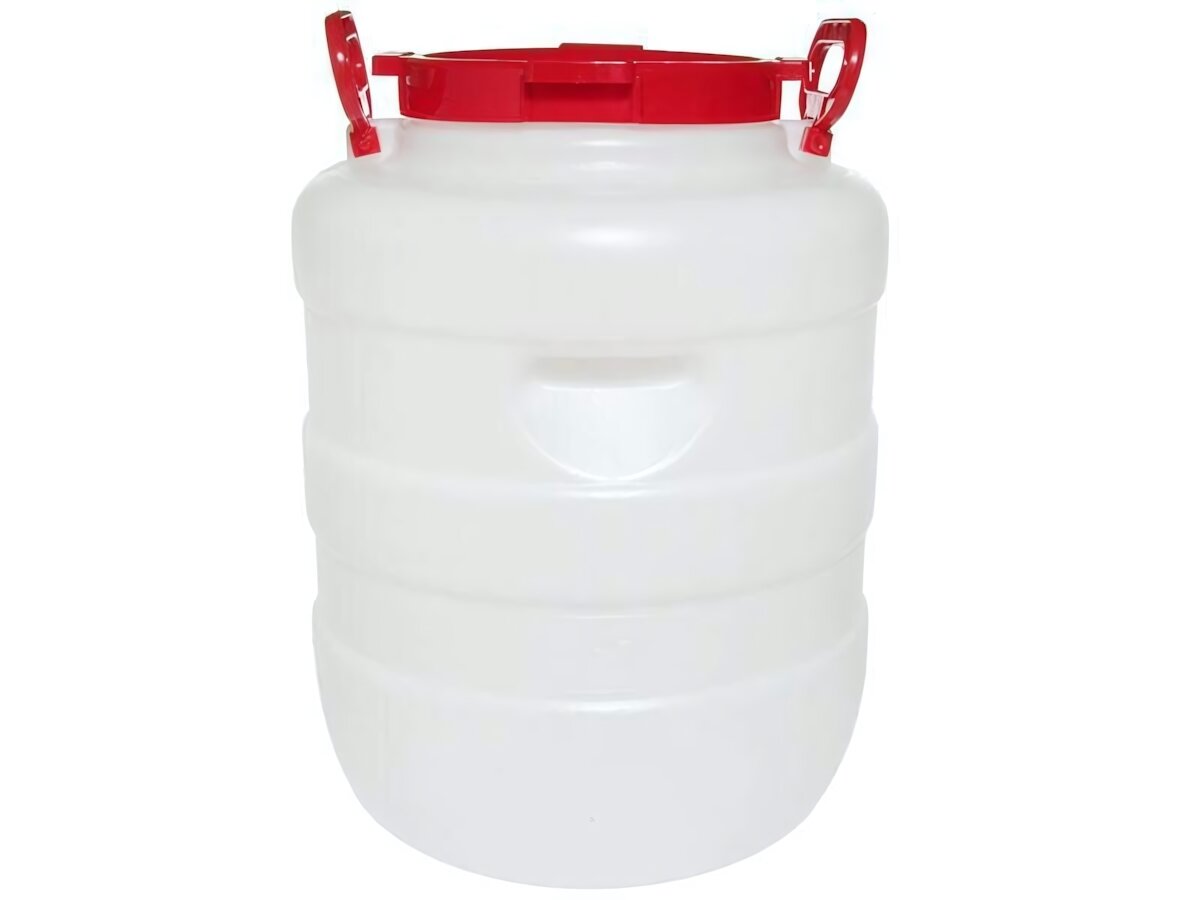 Бочка 40л круглая белая пластиковая с красной крышкой для хранения