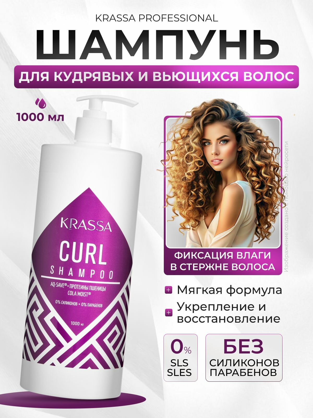 Шампунь для кудрявых и вьющихся волос, KRASSA Professional Curl, 1000 мл