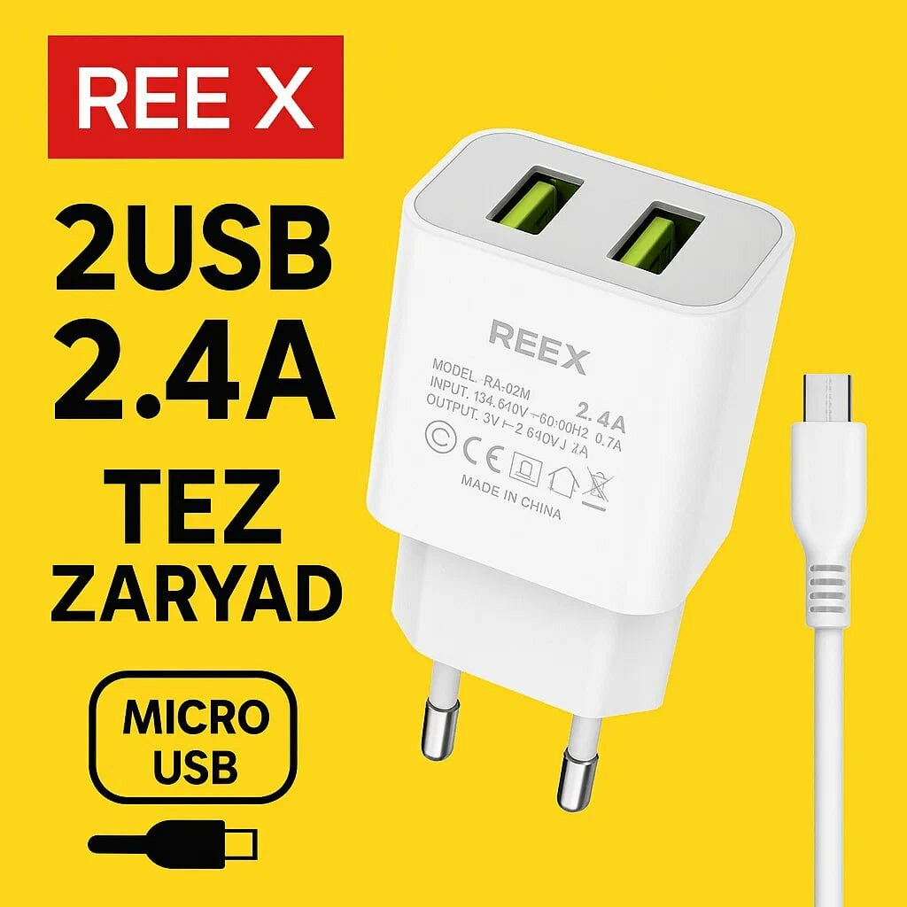 Зарядное устройство REEX RA-02M, 2USB, 2,4A, кабель Micro USB, белый