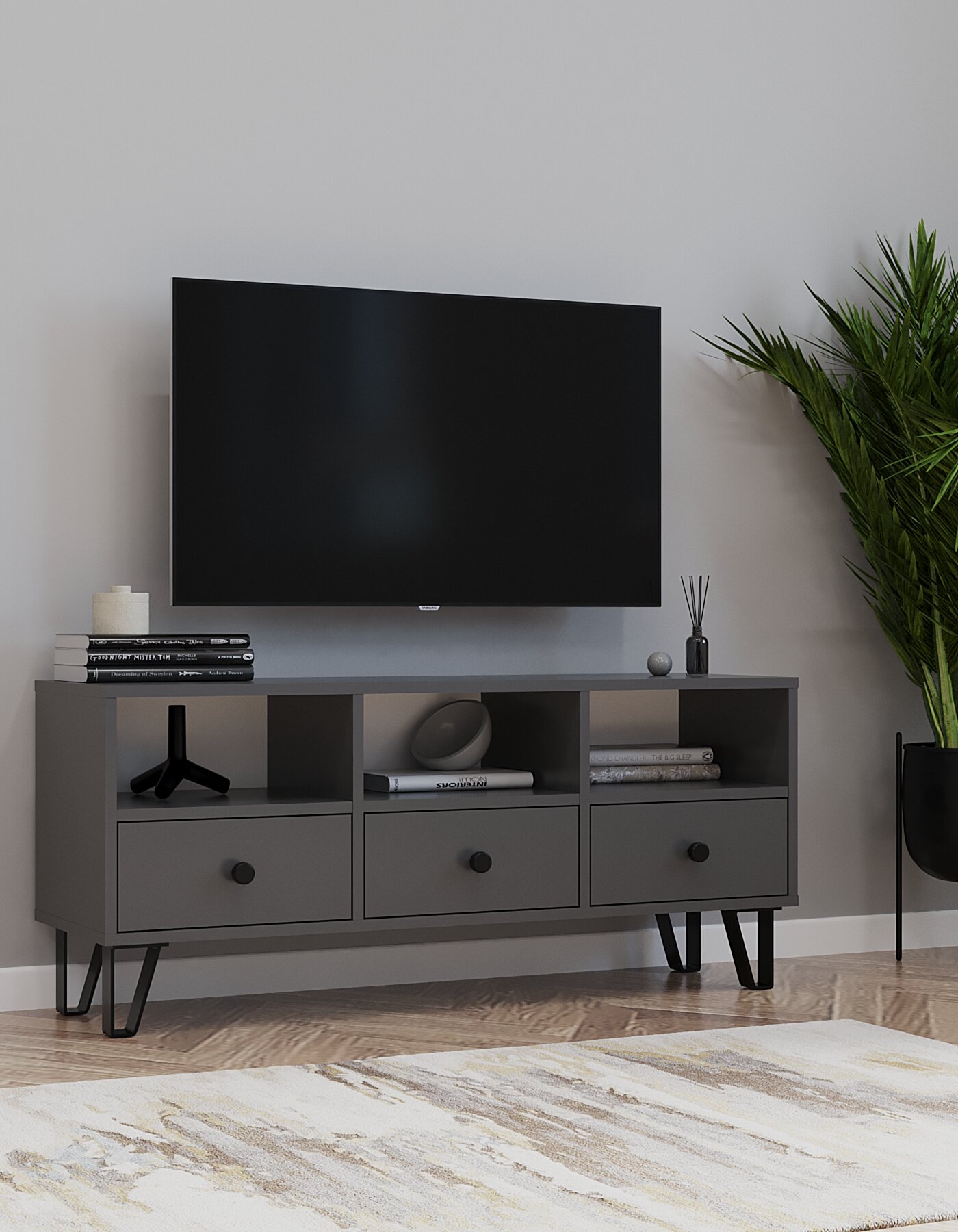 Тумба под телевизор напольная 110 см ЛДСП на ножках графит/серый