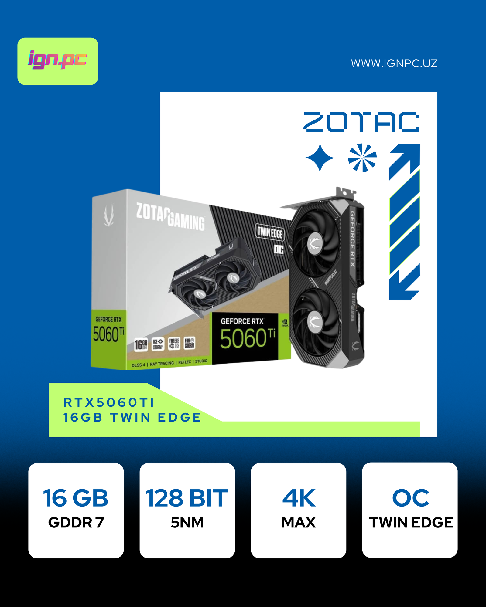 Видеокарта Zotac Twin Edge, GeForce RTX 5060 Ti, GDDR7, 128 бит, 16ГБ
