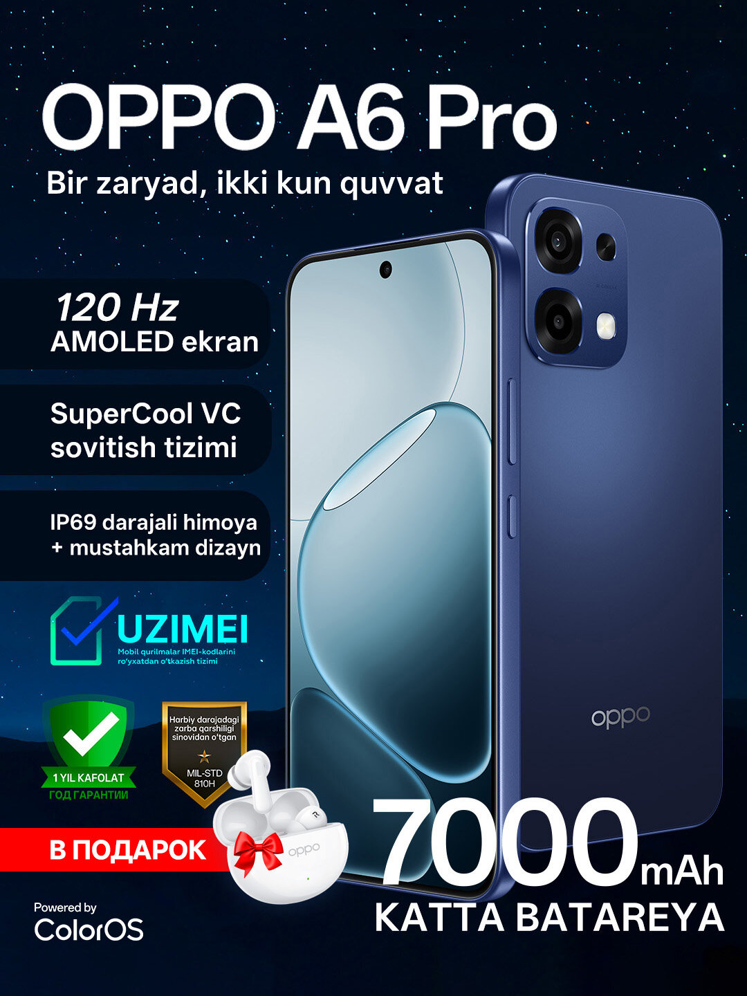 Смартфон OPPO A6 Pro 8/256GB, Stellar Blue | "Звёздный синий", 1 год гарантии + наушники OPPO Enco buds 3 pro