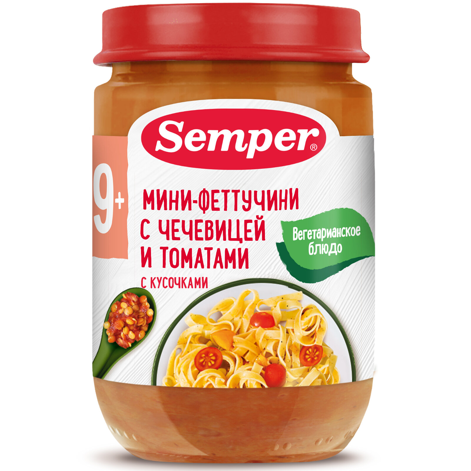 Semper - пюре мини-феттучини с чечевицей и томатами, 8 мес, 190гр