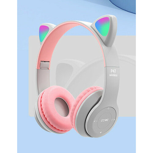 Наушники детские CAT EAR беспроводные со светящимися ушками, Cat Ear P47M, серый