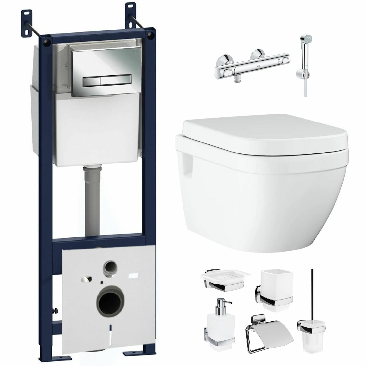 фото Готовое решение: инсталляция AM.PM с кнопкой, унитаз Grohe Euro Ceramic, быстросъемное плавное сиденье, термостатический душ Grohe, аксессуары Am.Pm