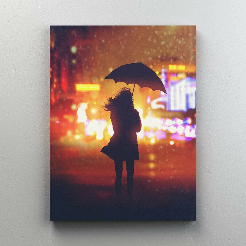 Интерьерная картина на холсте "Девушка и зонт в городе" размер 30x40 см