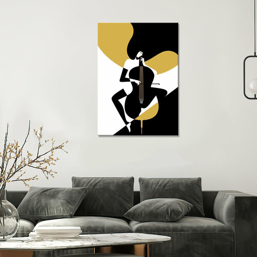 Интерьерная картина на холсте - Девушка и контрабас геометрические жёлто-чёрные линиИ20х30