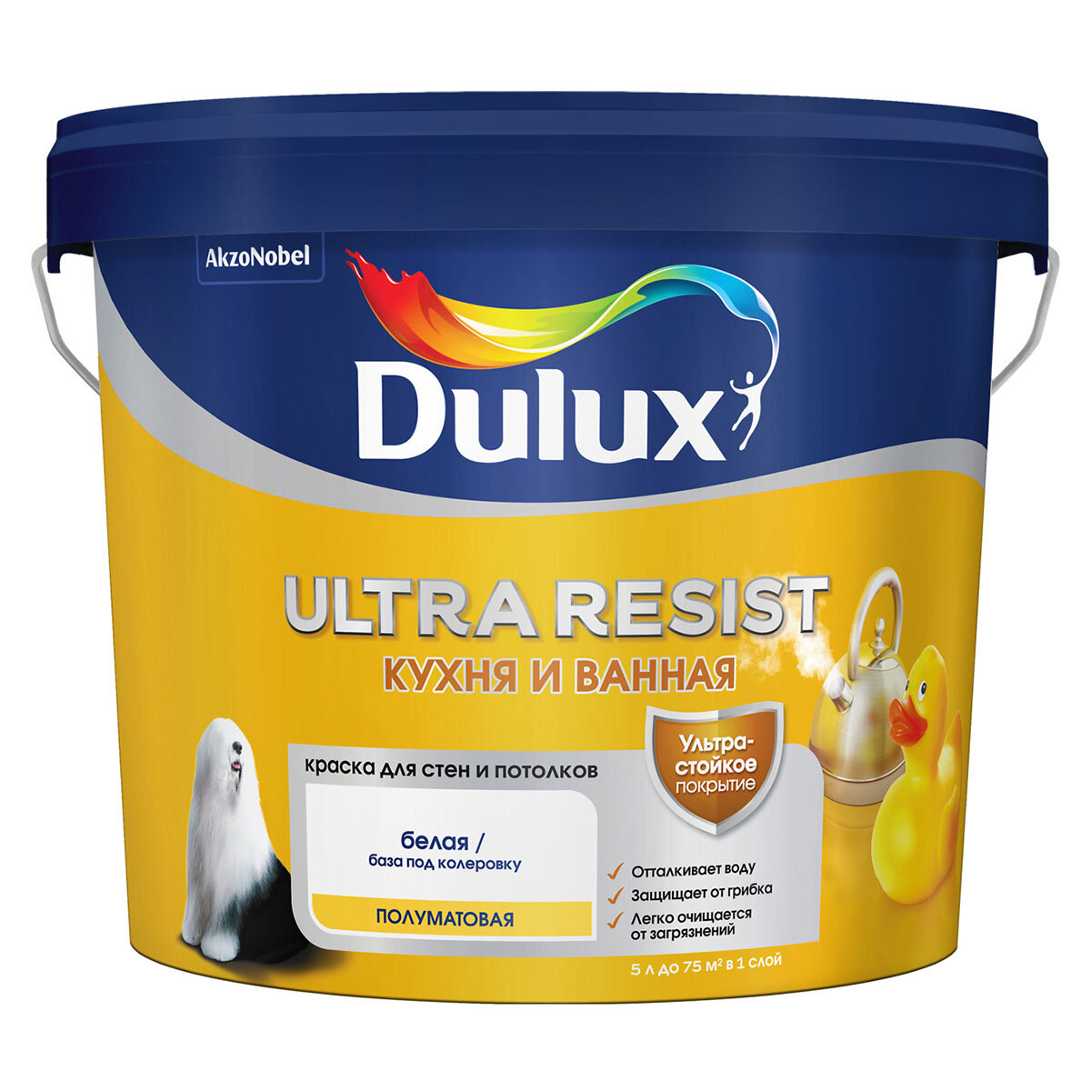 DULUX ULTRA RESIST кухня И ванная краска с защитой от плесени и грибка, полумат, база BW (5л)