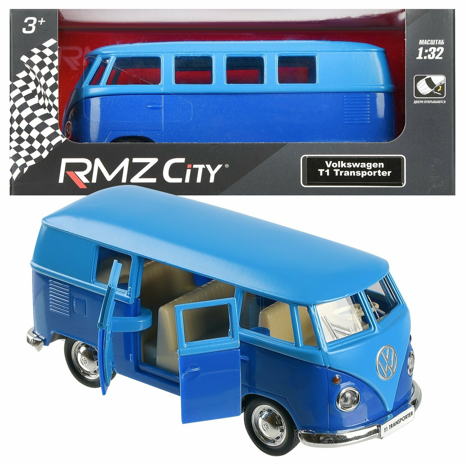 Машинка металлическая Uni-Fortune RMZ City серия 1:32 Автобус инерционный Volkswagen Samba bus Transporter, цвет матовый голубой с синим, двери открываются