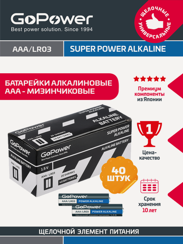Изображение товара Батарейка GoPower LR03 AAA Shrink 2х20 Alkaline 1.5V - упаковка 40шт.