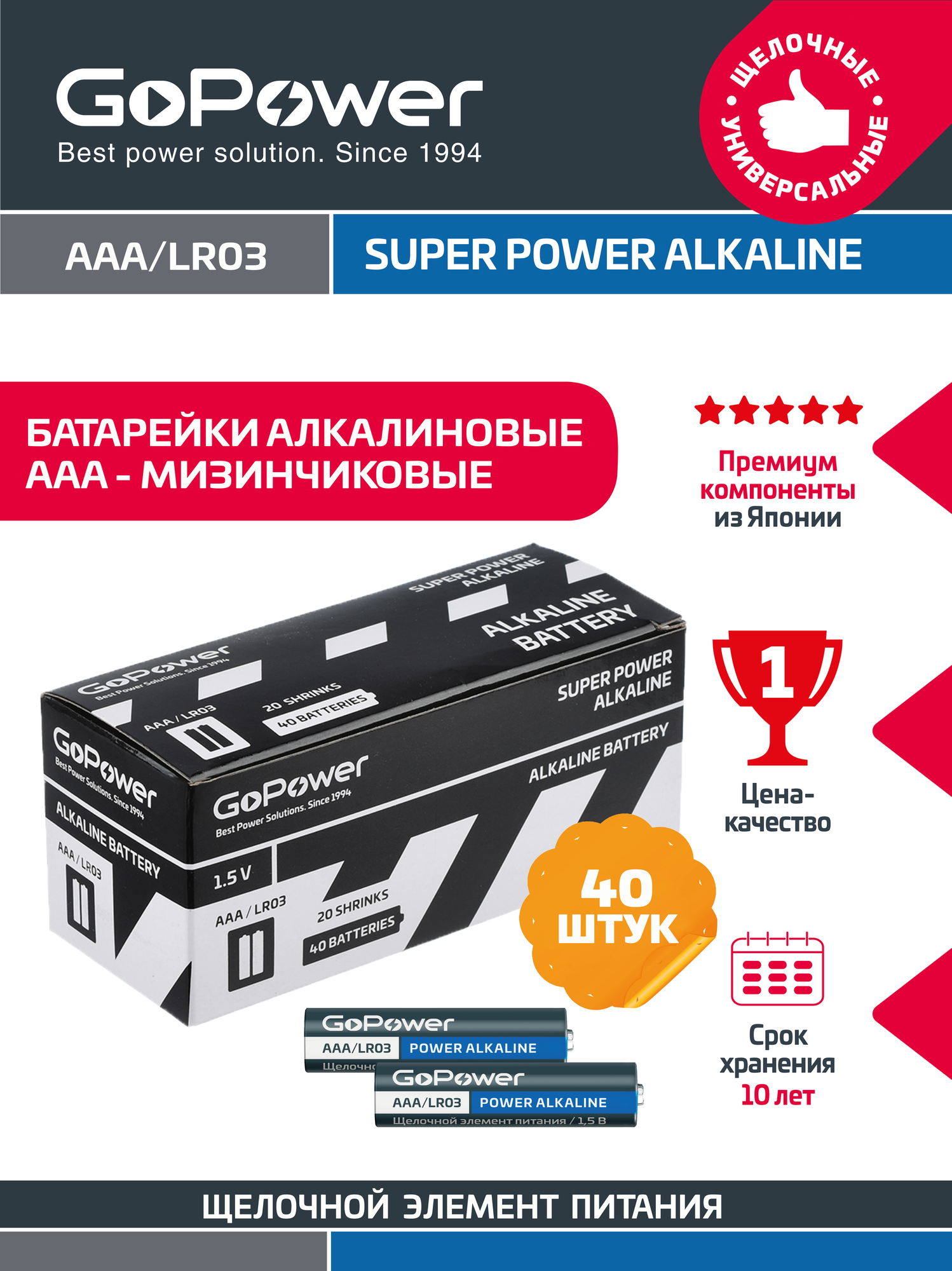 Батарейка GoPower LR03 AAA Shrink 2х20 Alkaline 1.5V - упаковка 40шт.