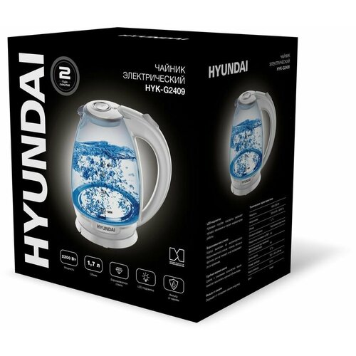Чайник электрический Hyundai HYK-G2409, 2200Вт, белый и серебристый чайник электрический hyundai hyk g3802 2200 вт белый серебристый 1 7 л стекло