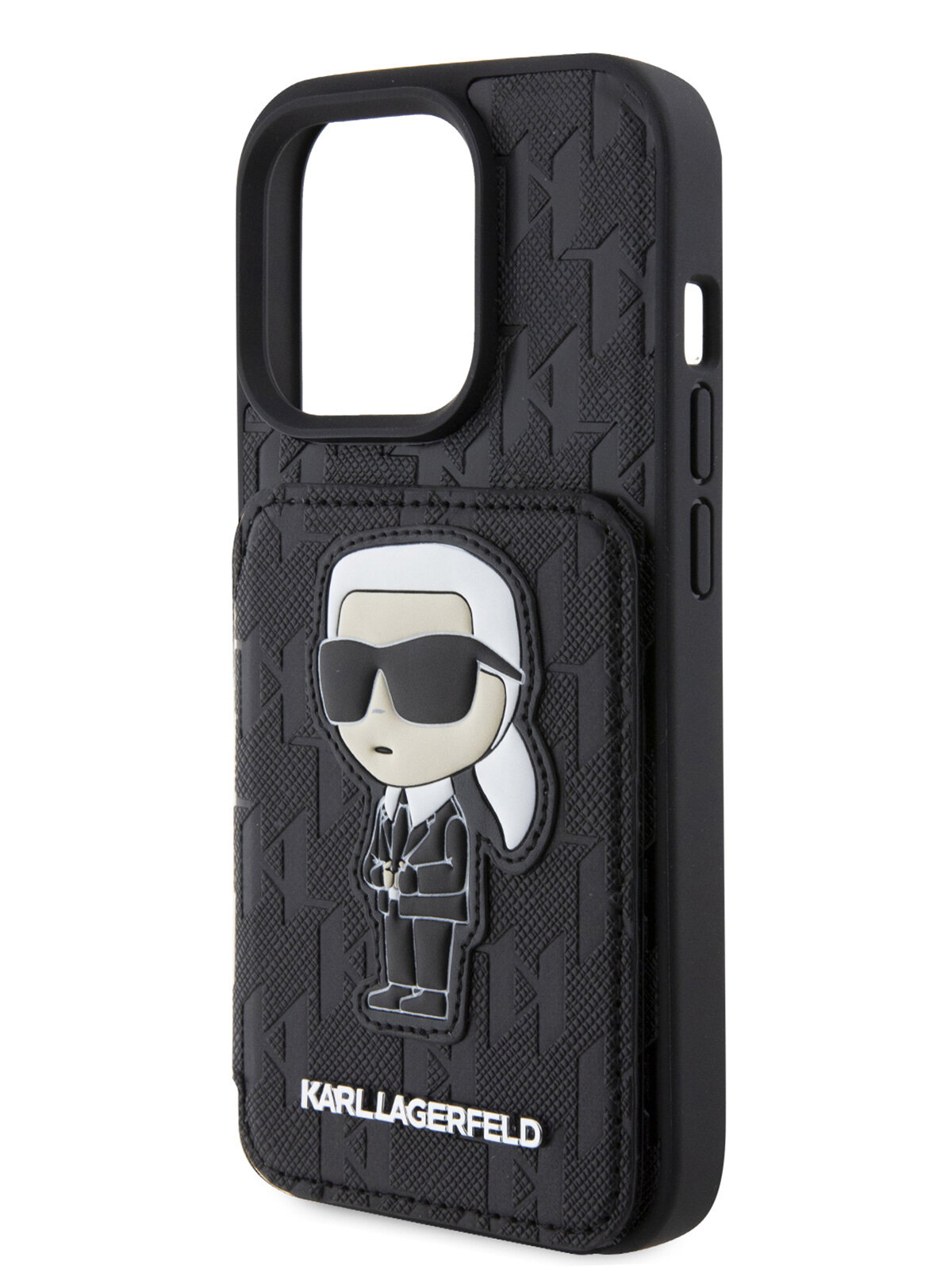 Lagerfeld для iPhone 15 Pro чехол Cardslot Stand PU Saffiano Monogram NFT Karl Ikonik Hard Black