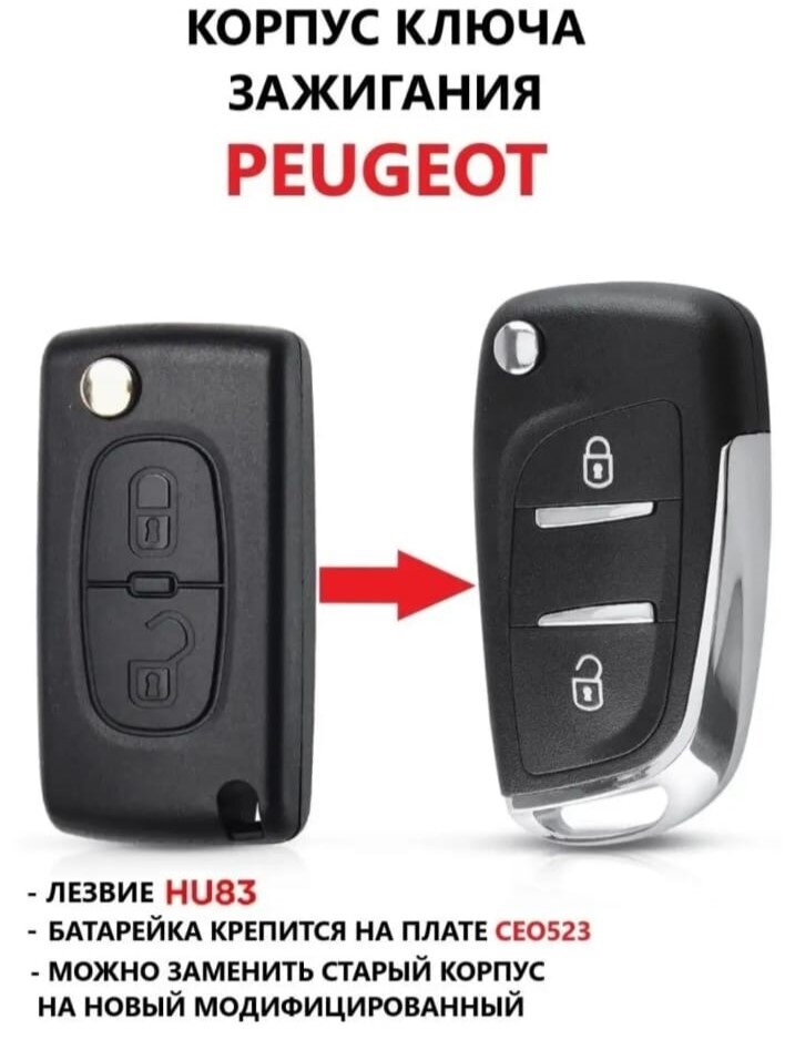 Корпус выкидного ключа зажигания для Пежо / Peugeot 207 307 407 408 308