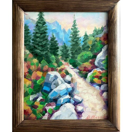 Тропинка в горах картина маслом в раме 34x42см ручная работа авторская живопись горный пейзаж