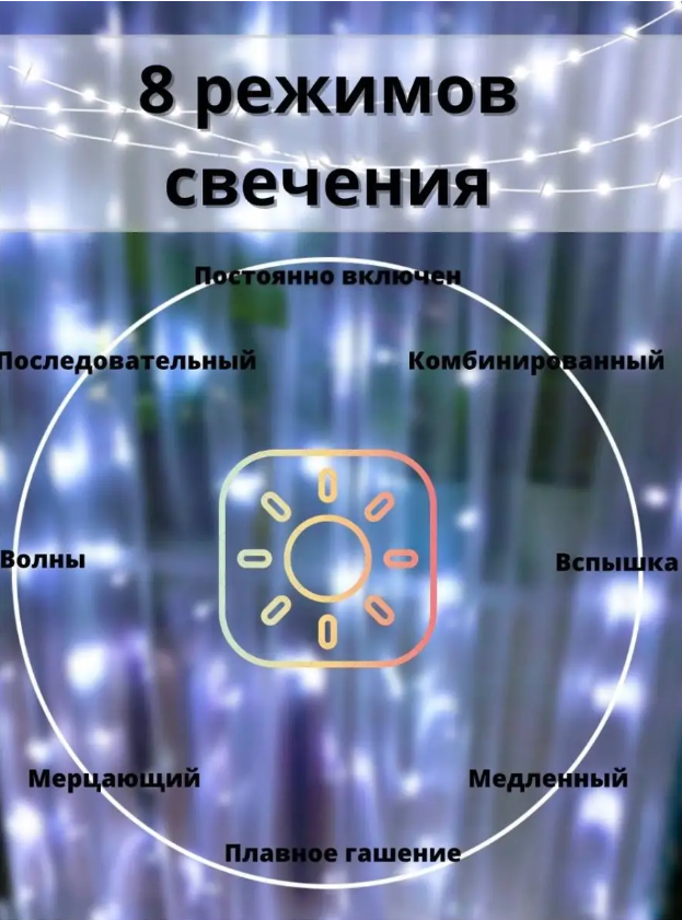 Светодиодная электрогирлянда-штора/ 3 х 3 метра/ 8 режимов/ Гирлянда «занавес»/ холодный белый