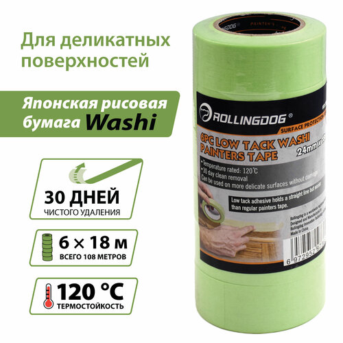 Малярная лента ROLLINGDOG Low Tack Washi Tape, малярный скотч из рисовой бумаги для деликатных поверхностей
