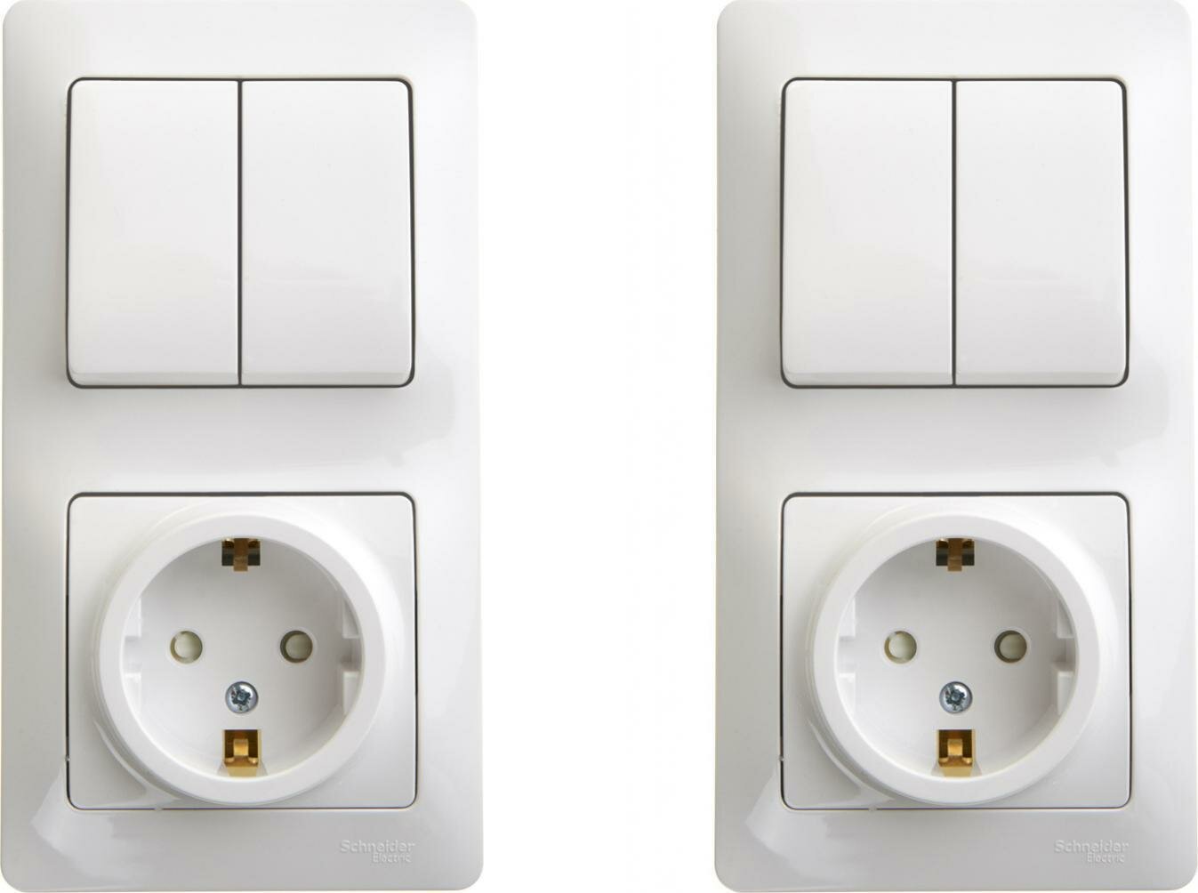 Блок Schneider Electric Glossa с двухклавишным выключателем и розеткой с заземлением со шторками белый (комплект из 2 шт)