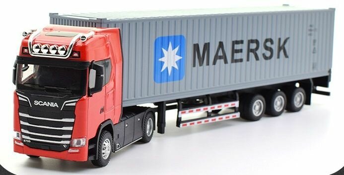 Модель грузовика тягач Скания с прицепом-контейнером, инерционная, свет-звук, 1:43, 31 см.