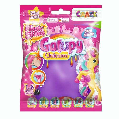 Слайм CRAZE Magic Slime Galupy с жемчужным блеском и игрушкой в форме единорога, фиолетовый, 75 мл