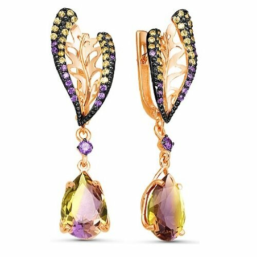 фото Серьги maskom, красное золото, 585 проба, фианит, аметист маском