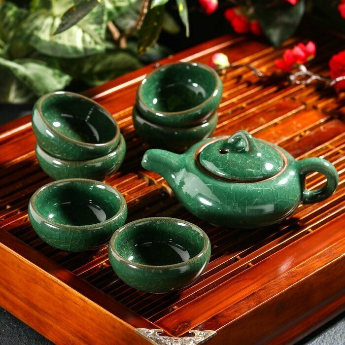 Набор для чайной церемонии керамический «Лунный камень», 7 предметов: чайник 150 мл, 6 пиал 50 мл, цвет зелёный (комплект из 2 шт)