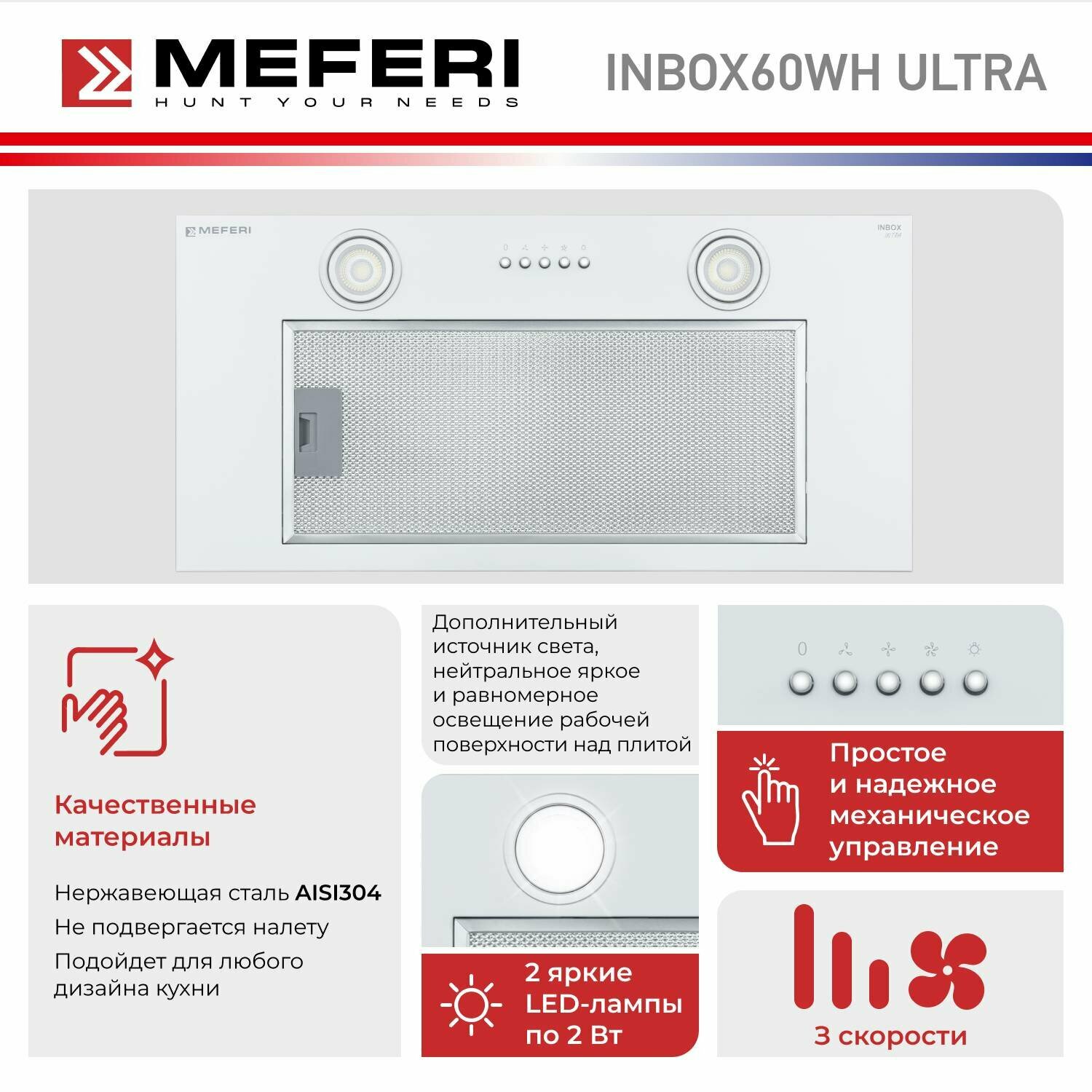 Полновстраиваемая вытяжка MEFERI INBOX60WH ULTRA, белый - фотография № 2