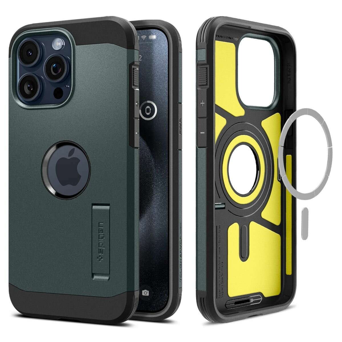 Чехол Spigen на Apple iPhone 15 Pro (ACS06735) Tough Armor MagFit / Спиген чехол для Айфон 15 Про MagSafe с подставкой , противоударный, с защитой камеры, зеленый