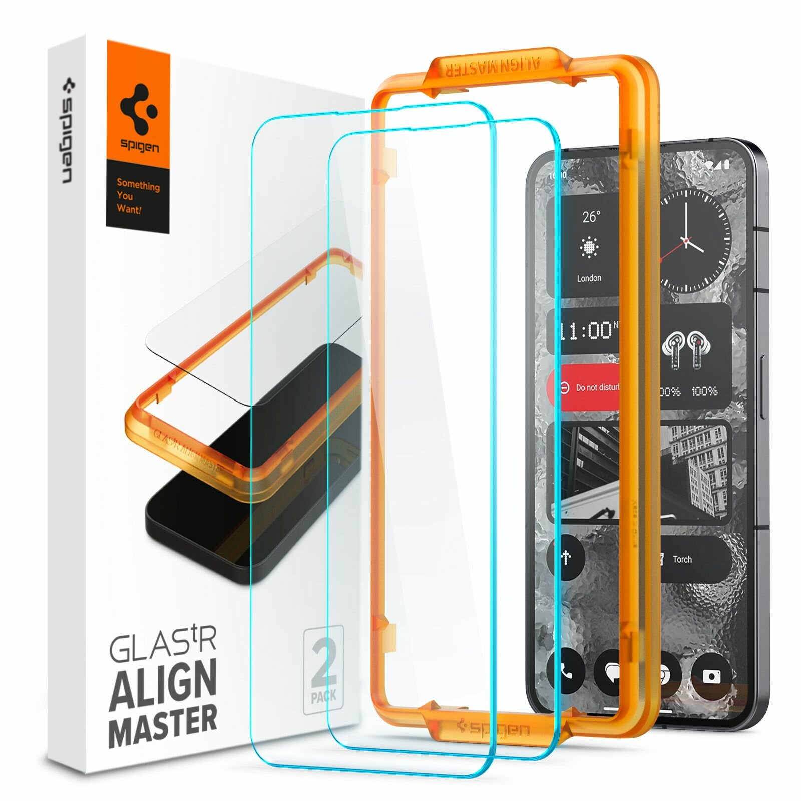 Защитное стекло Spigen на Nothing Phone 2 (AGL06981) Glass tR AlignMaster 2 шт / Спиген стекло для Нафинг Фон 2, прочное, олеофобное покрытие, прозрачное