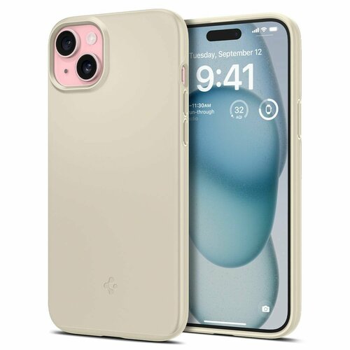 Чехол Spigen на Apple iPhone 15 (ACS06782) Thin Fit / Спиген чехол для Айфон 15 тонкий, противоударный, с защитой камеры, бежевый