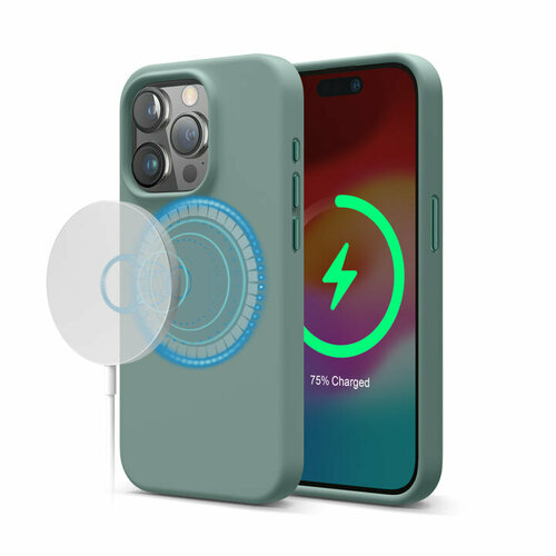 Elago для iPhone 15 Pro чехол Soft silicone (Liquid) Midnight Green (MagSafe) зеленый