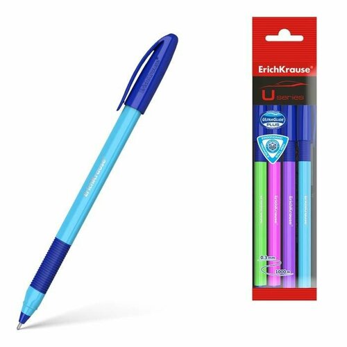 Ручка шариковая ErichKrause U-109 Neon Stick&Grip, синие чернила, узел 1 мм, 4 шт, 1 упаковка