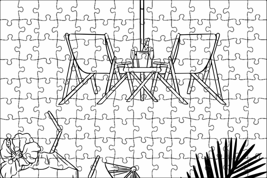 Магнитный пазл "Пляжный зонтик, стулья, кокосовые напитки" на холодильник 27 x 18 см.