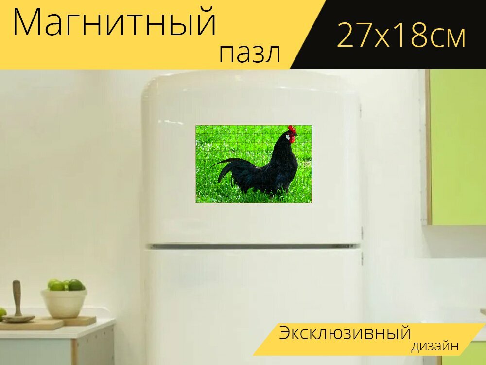 Магнитный пазл "Курица, чернить, курица авгсбургер" на холодильник 27 x 18 см.