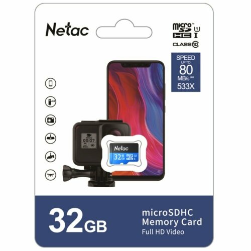 Netac P500 Standard 32GB MicroSDHC U1/C10 up to 90MB/s, retail pack card only