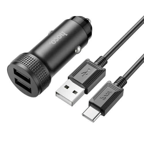 Hoco Автомобильное ЗУ 2USB 2.4А + кабель USB - Type C, Z49, Чёрный