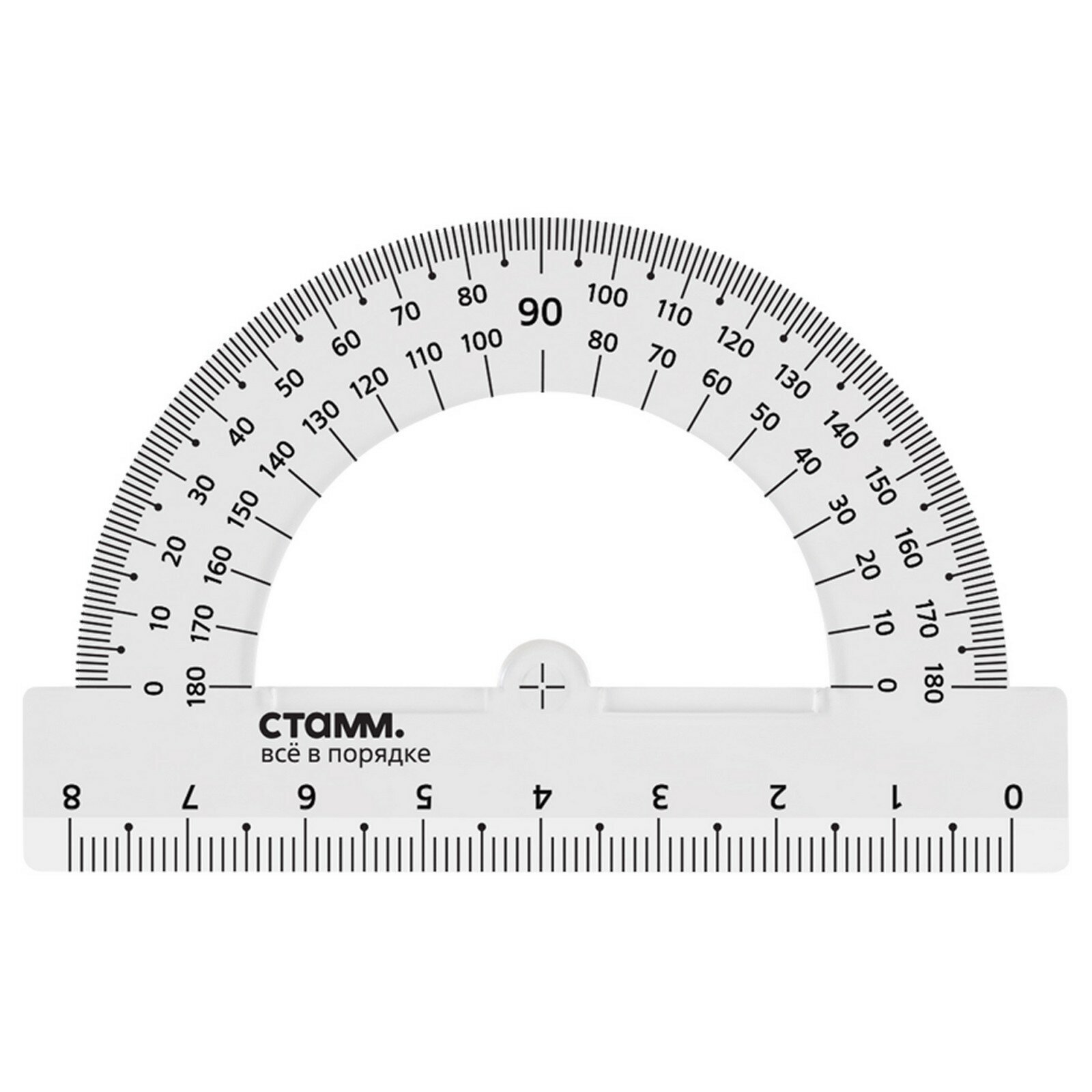 Транспортир 180°/8см СТАММ, пластиковый, прозрачный, бесцветный