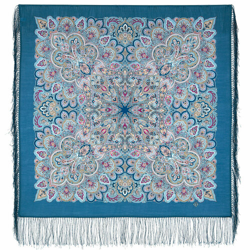 фото Платок павловопосадская платочная мануфактура, шерсть, с бахромой, 89х89 см, синий, голубой